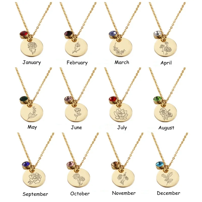 Birth Flower Necklace - Geboortemaand bloemen Clipart bloemenschijven roestvrijstalen hanger