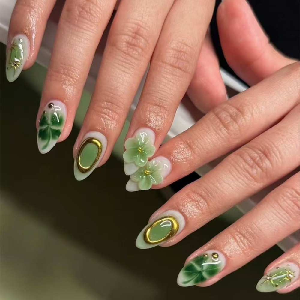 Pressed Flower Art - 24 stuks luxe smaragdgroene bloemen opzetnagels