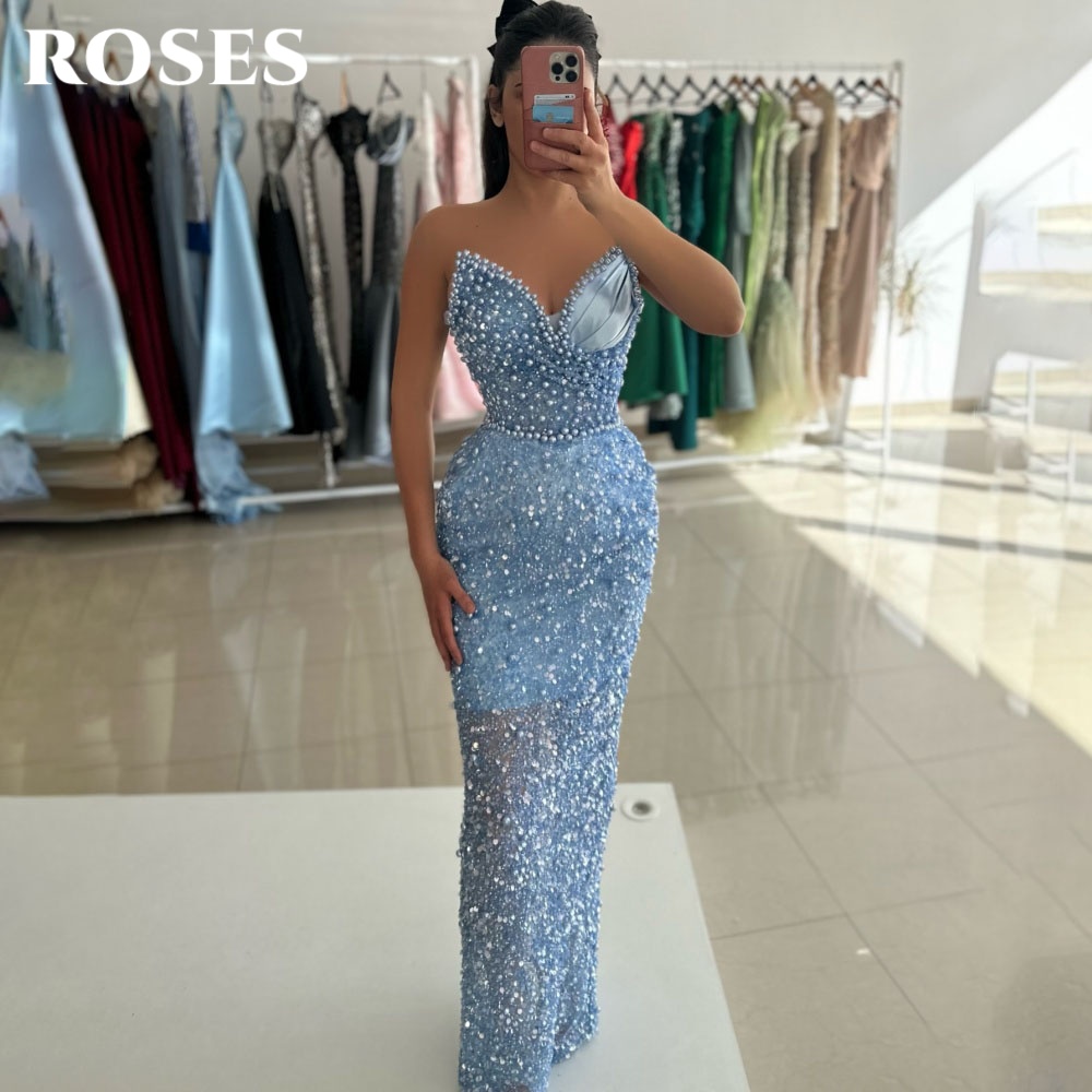 Custom Night Sky - ROSES Hemelsblauwe glamoureuze feestjurk Mouwloze trompetjurk