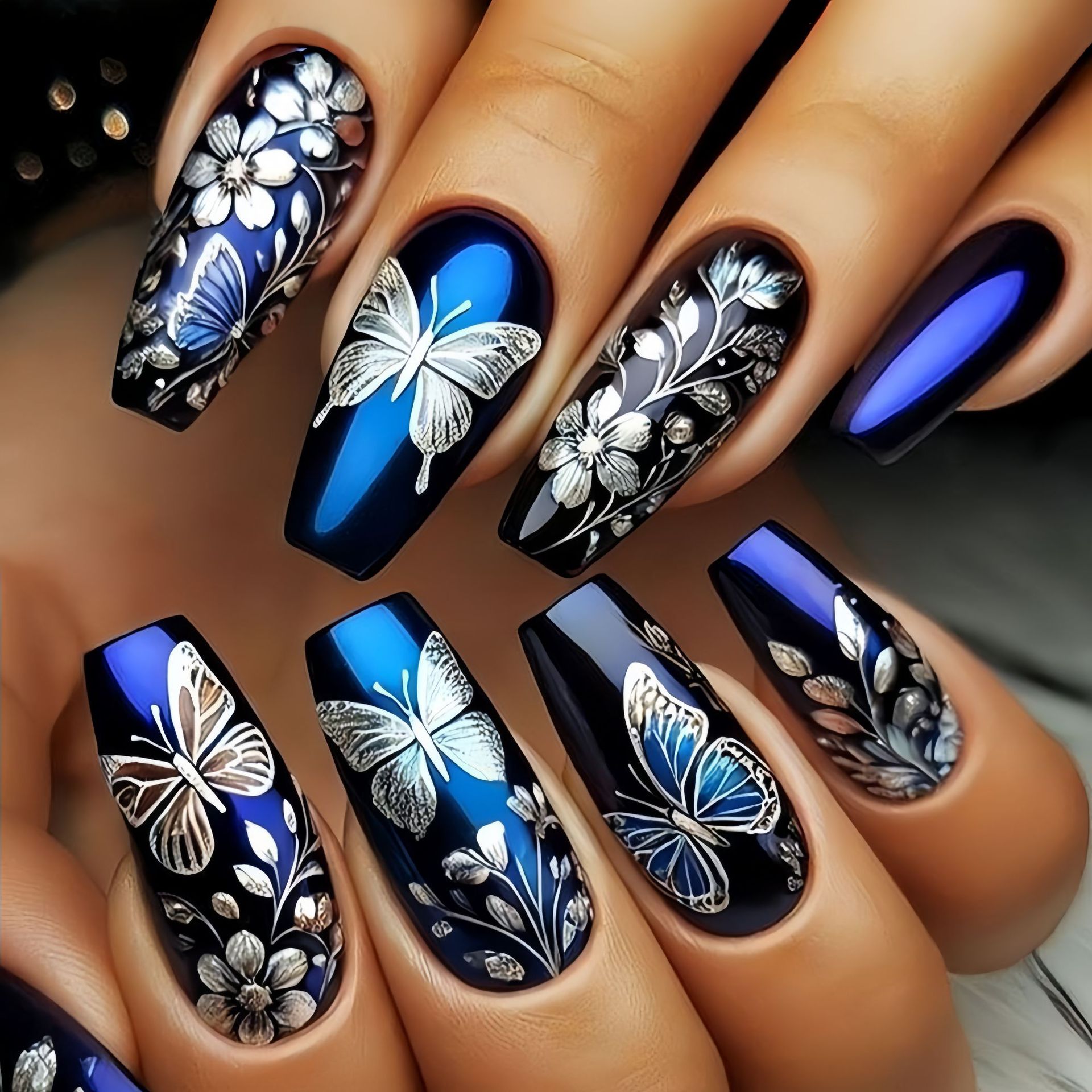 Pressed Flower Art - Middellange nepnagels voor dames meisjes vlinderbloemen