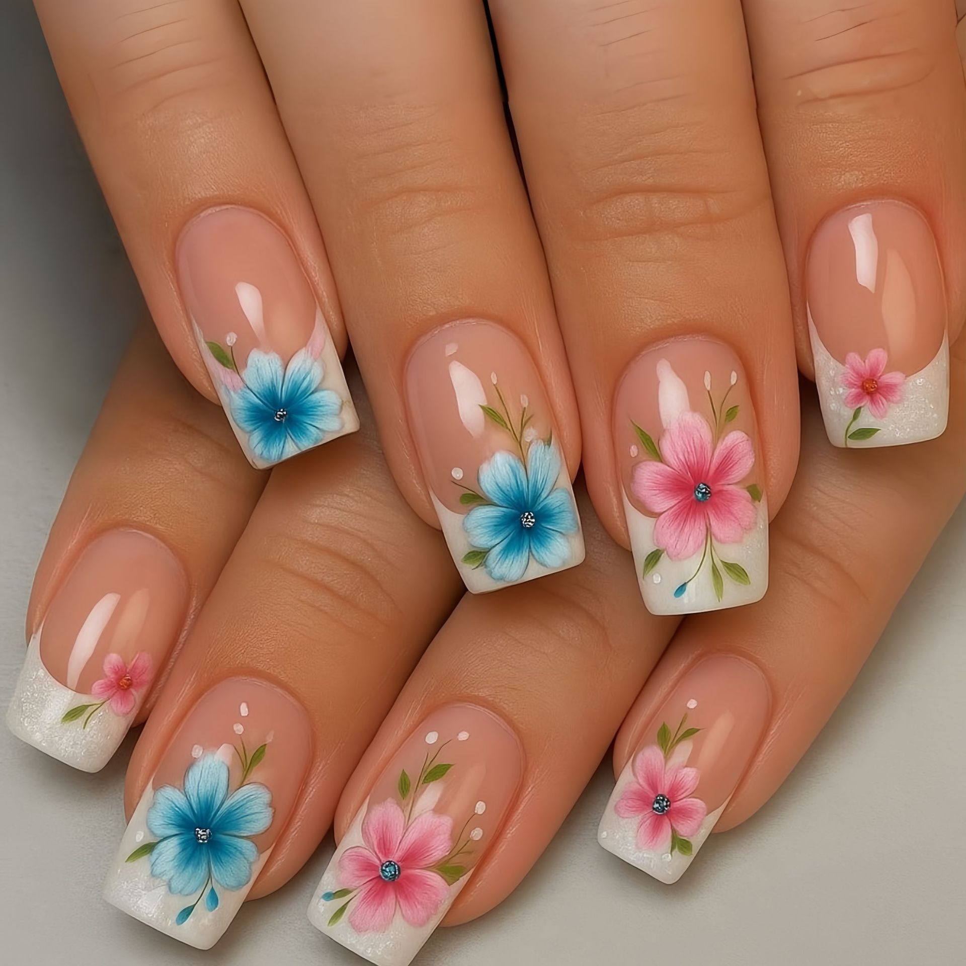 Pressed Flower Art - Korte medium nepnagels voor vrouwen, nude